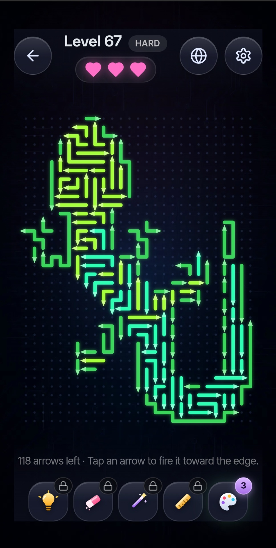 Glowline Zen hard level shaped like a green lizard on a dark board