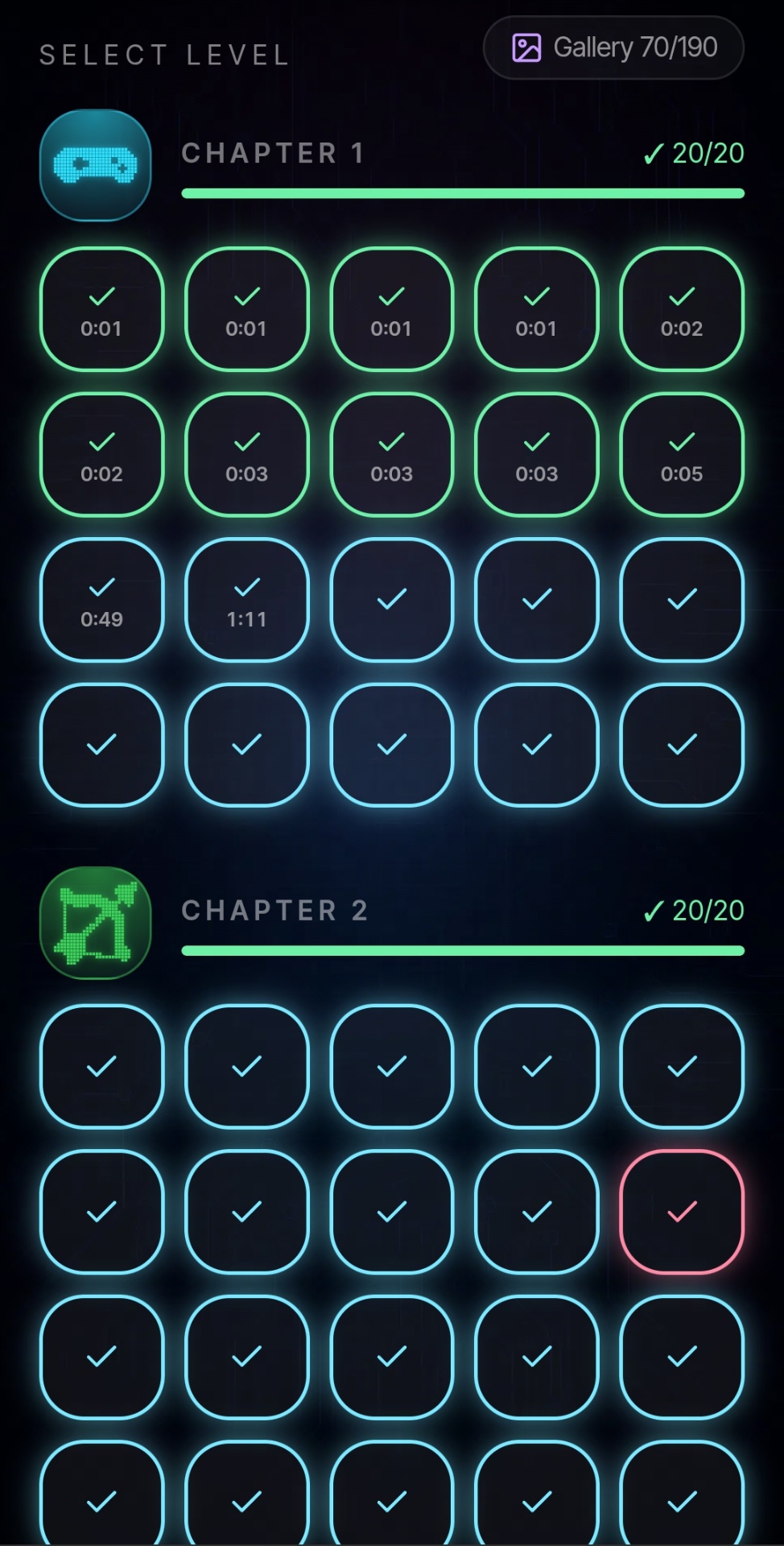 Glowline Zen level select screen with chapters and per-level completion times