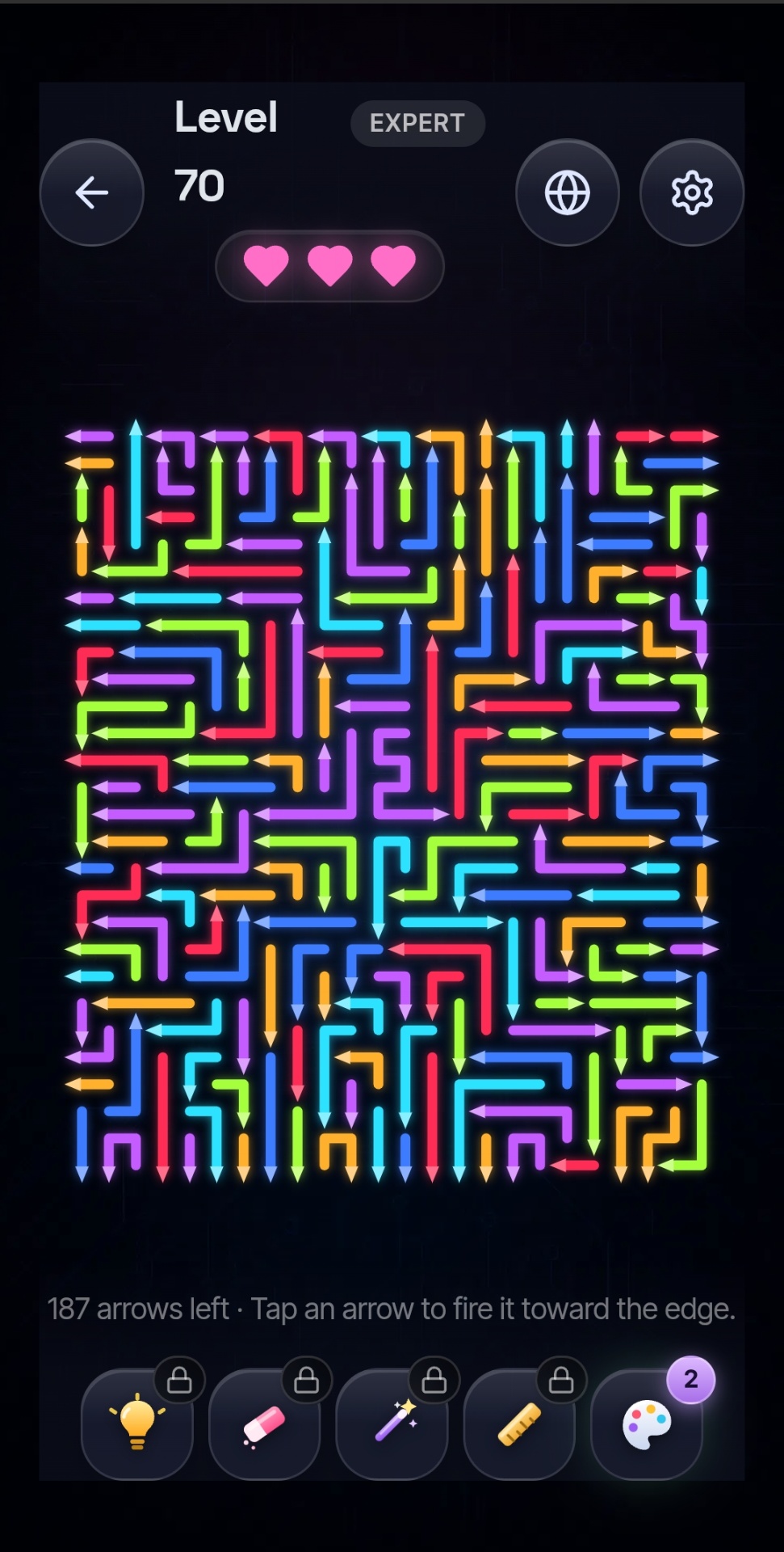 Glowline Zen expert level with a dense multi-coloured arrow grid