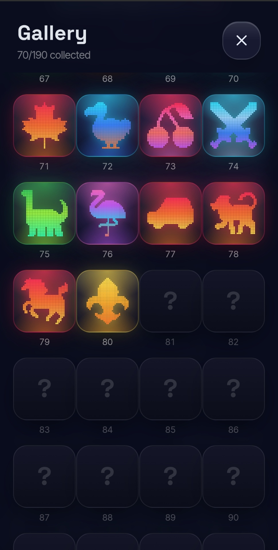Glowline Zen gallery screen showing 70 of 190 hidden pictures collected