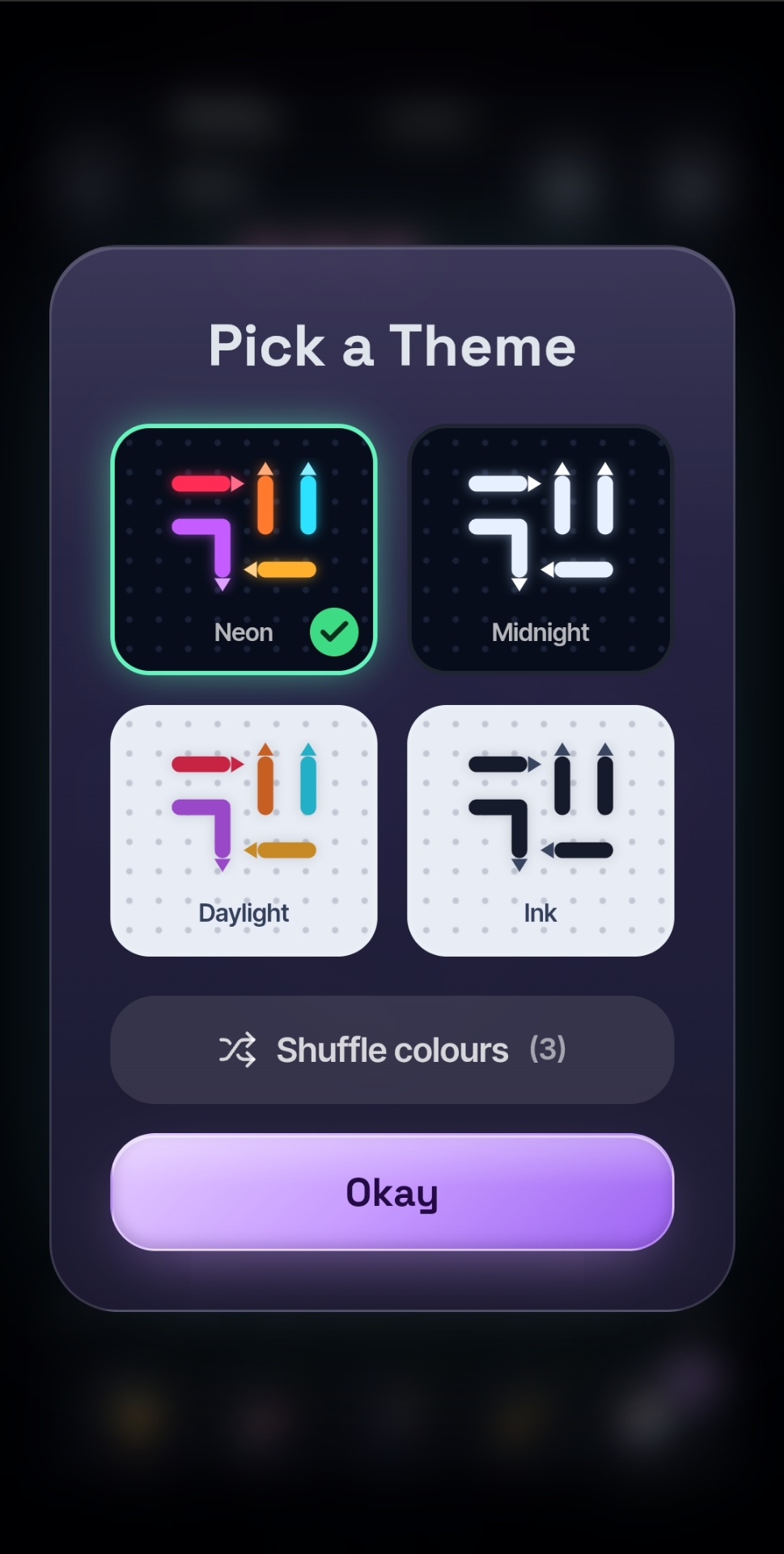 Glowline Zen theme picker with Neon, Midnight, Daylight and Ink options