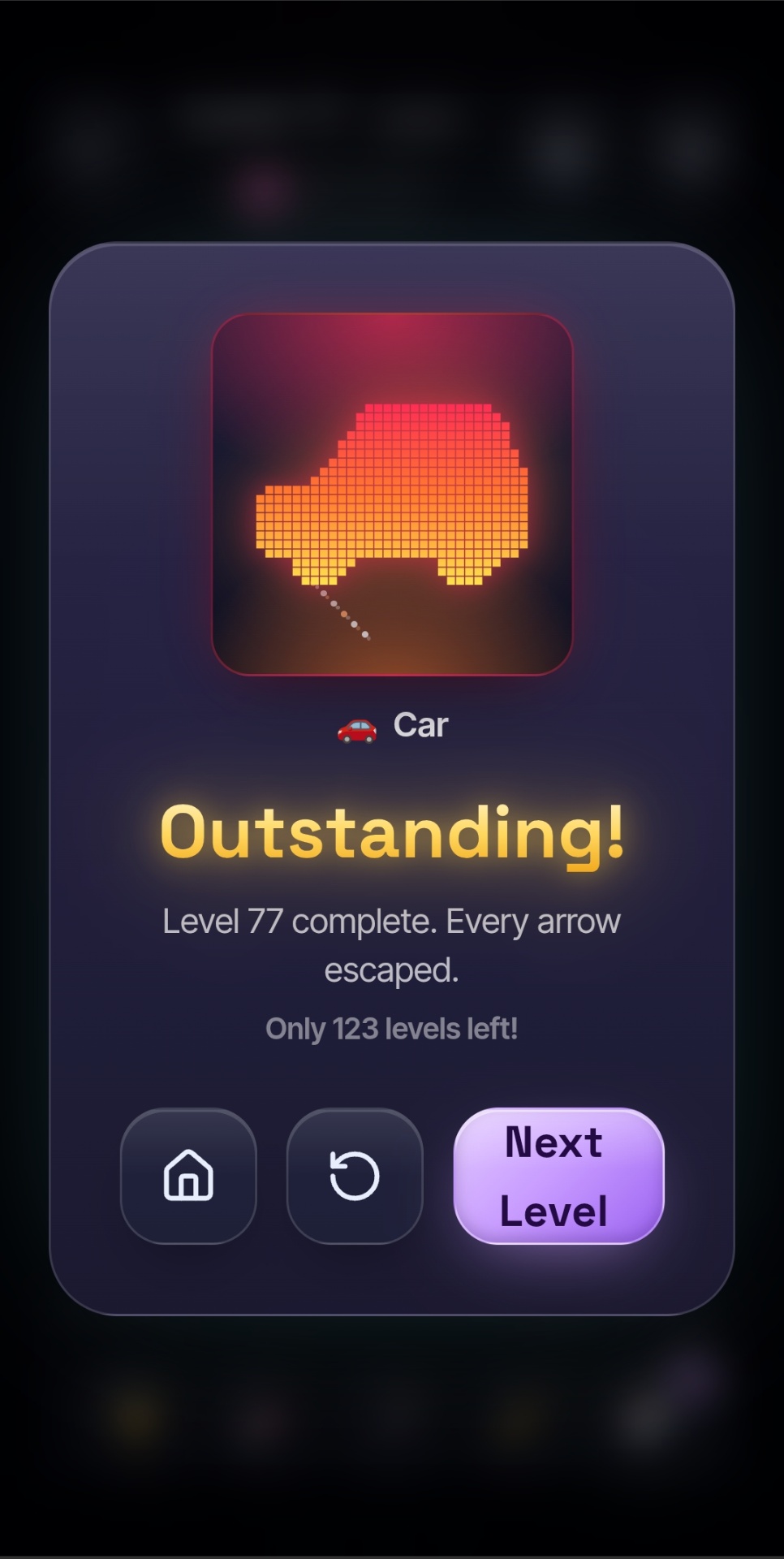 Glowline Zen level complete screen revealing a pixel-art car