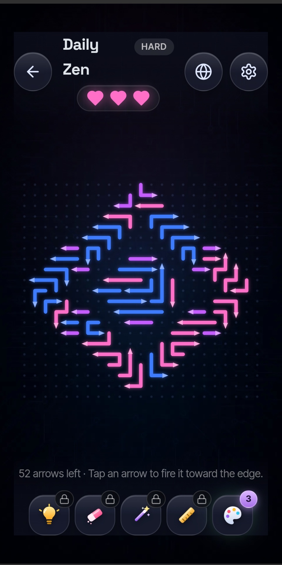 Glowline Zen daily puzzle screen with a hard neon arrow pattern